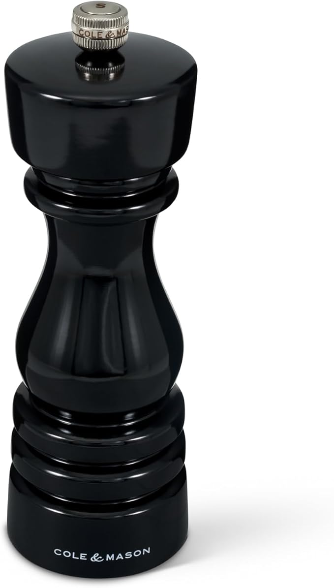 Cole & Mason London Refillable Spice Mill - Kitchen & Home Accessory - Table Black Pepper Grinder - Pepper Mill with Carbon Steel Mechanism - 7", Black Gloss