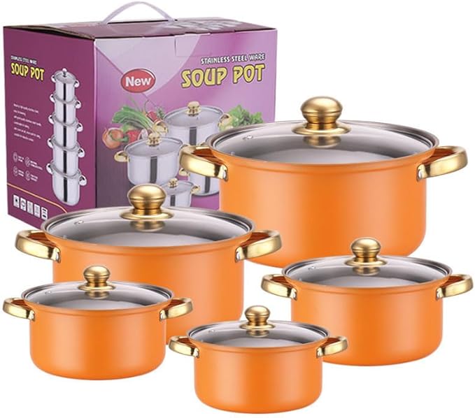 10PCS Stainless Steel Cookware Sets Nonstick Cookware Pot Dishwasher Safe Pots with Glass Lids for Soup, Pasta, Stew, Rice, Healthy Everyday Use for Gas Electric Halogen Ceramic Induction Hobs 03