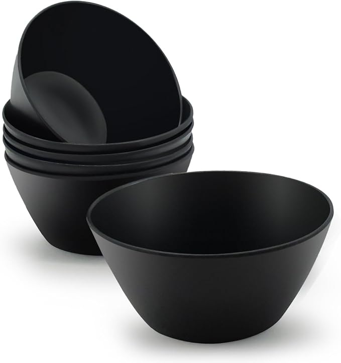 Bamboo Fiber Cereal Bowls Set 6 Pieces, 24 Ounce Soup Bowls Black, Melamine Bowls Set Large for Kitchen, Deep Serving Bowls for Cereal, Soup, Oatmeal, Rice, Pasta, Salad, Black