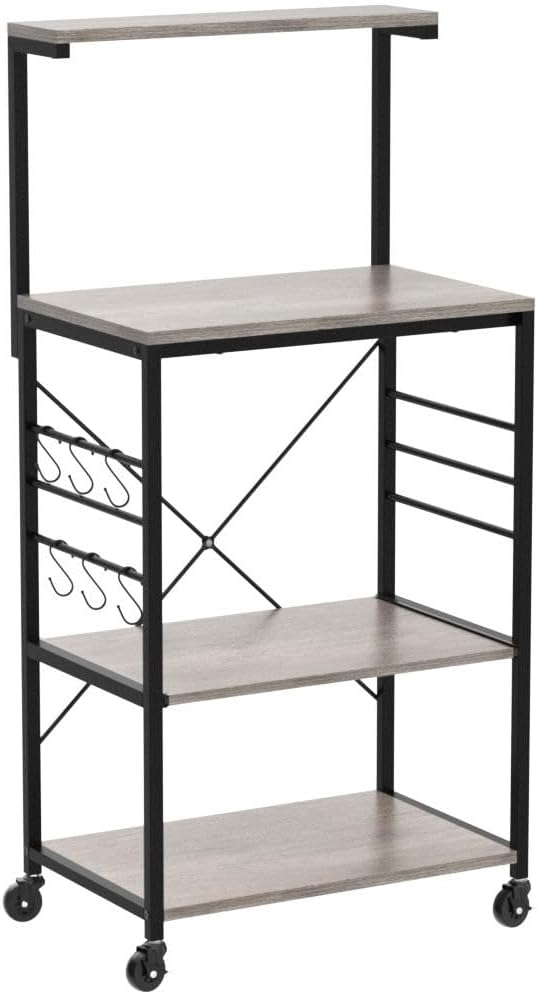Yaheetech Kitchen Bakers Rack on Wheels(16D x 24W x 50H Inches), Microwave Stand Kitchen Cart, Rolling Coffee Bar Cart with 6 S-Side Hooks and Adjustable Feet, Utility Storage Shelf, Gray