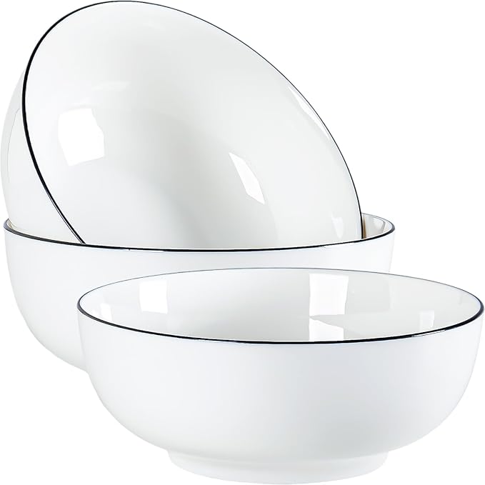 60 oz Large Soup Bowl, Pho Bowls, 8-Inch Rimmed Off-White Porcelain Bowls Set of 3, Perfect for Hearty Meals and Serving