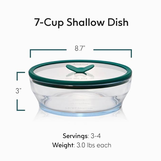 Anyday 7-Cup Glass Food Storage with Glass Lid, Round Shallow Dish | Plastic-Free Meal Prep & Microwave Cookware | Stackable Airtight Storage Container with Vented Lid for Microwave-Safe Reheating