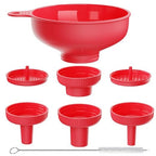 Pisol Wide Mouth Versatile Funnel, Canning Funnels for Kitchen Use, Food Grade Plastic Cooking Funnel Set with 4 Size Spouts and 2 Strainers for Filling Different Bottles and Bags, Red