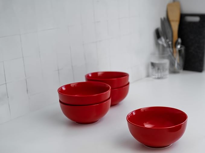 KooK Soup Bowls, Cereal Bowl, Ceramic, Bowls for Kitchen, Microwave, Dishwasher and Freezer Safe, Porcelain Dishes for Pasta, Salad, Oatmeal, Deep Interior, 20 oz, Set of 6, (Red)