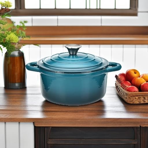 Hamilton Beach 3-Quart Enameled Cast Iron Dutch Oven, Navy with Cream Interior | Even Heat Distribution & Easy-Grip Handles | Ideal for Braising, Roasting,Stewing & Bread Baking