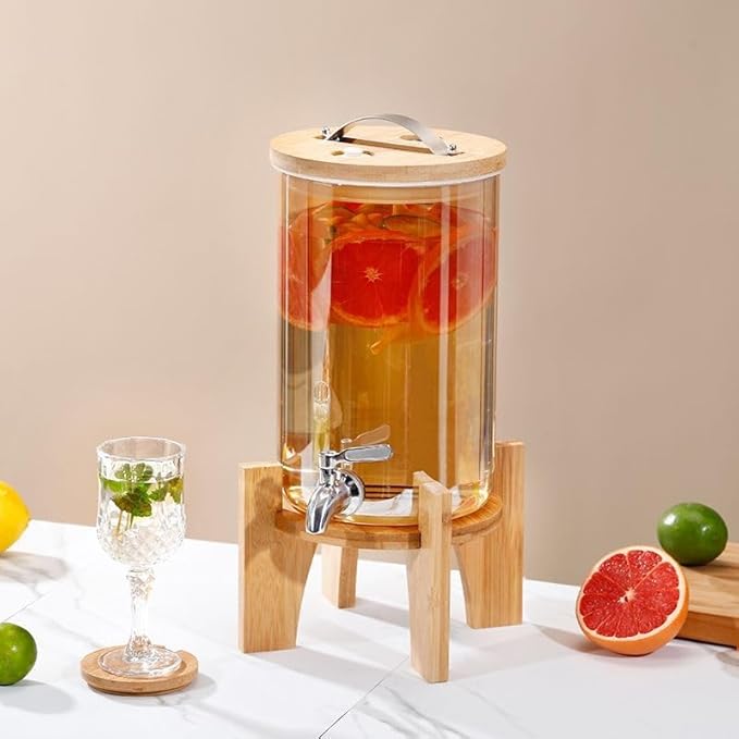 Glass Drink Dispenser, 2.9 gallons, With faucet wood stand Easy flow control, great for parties, bars & restaurants Large Glass Cold Beverage Dispensers.(2.9 gallon)
