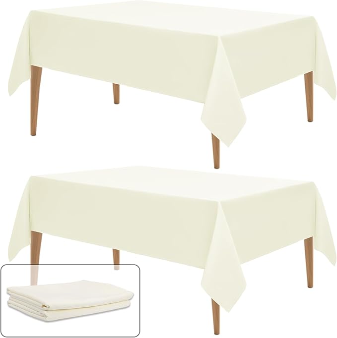 WIGENIUS 2 Pack Ivory Table Cloth Rectangle 60x102 Inch Polyester Tablecloths for 6ft Rectangle Tables - Reusable Wrinkle Resistant Washable Cloth Cover for Wedding Banquet Party | Hemmed Edges