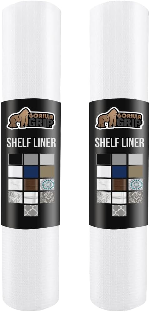 GORILLA GRIP Slip Resistant Drawer and Shelf Liner 2 Pack, Non Adhesive Water Resistant, Easy Clean and Trim, Smooth Surface Liners for Kitchen Cabinet, Shelves, Drawers Pantry, 17.5 IN x 20 FT, White