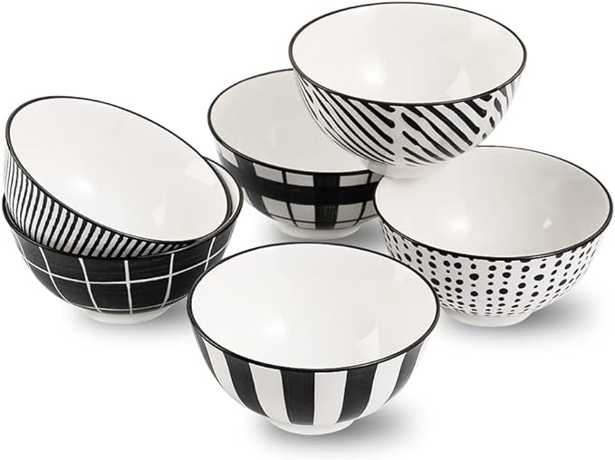 Porcelain Dessert Bowls Ice Cream Bowl - Ceramic Small Bowls 10 oz - Littlebowl for Rice | Soup | Snack | Side Dish - Japanese Black and White Bowl Set of 6 - Microwave and Dishwasher Safe - 4.75 Inch