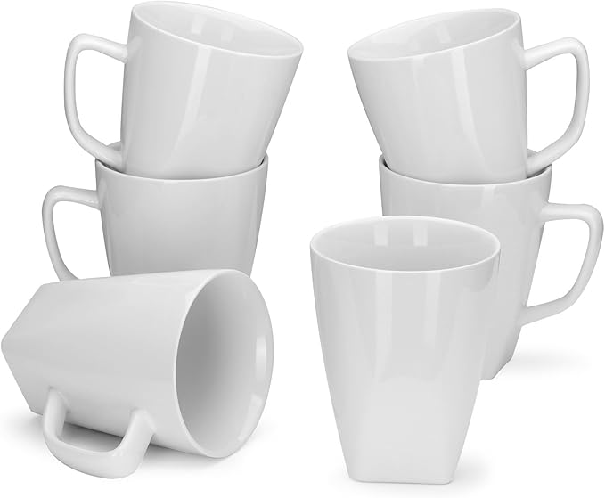 Miicol Porcelain Coffee Mugs Set of 6, Large Coffee Cups 14 oz, White Tea Cups, Ceramic Mugs for Latte, Cappuccino, Milk, Cocoa, Square Bottom, Microwave & Dishwasher Safe
