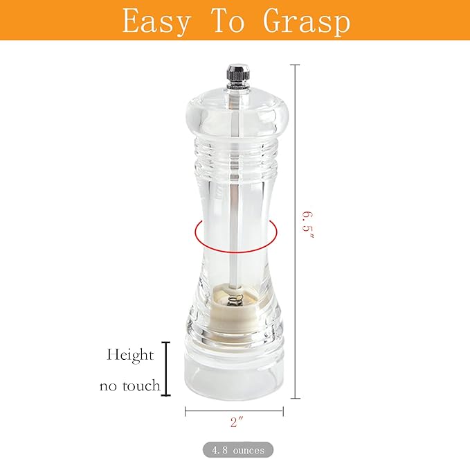 Pepper Mill, Pepper Grinder Set, Transparent Acrylic Body Refillable Mills 1pcs, Adjustable Salt Grinder Shaker for Home,Kitche,Exquisite Appearance also Suitable for Restaurant Decoration