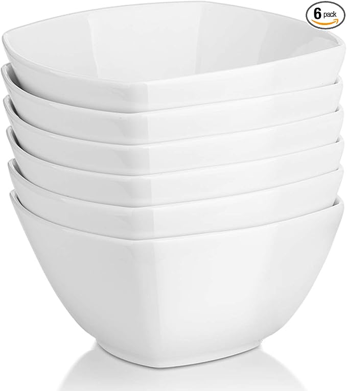 DOWAN Porcelain Soup Bowls Set of 6, 27 OZ Ceramic Square Cereal Bowls, Soft White Bowl, for Ice Cream and Dessert Snack, Wedding Party Gift, Microwave Safe Bowl