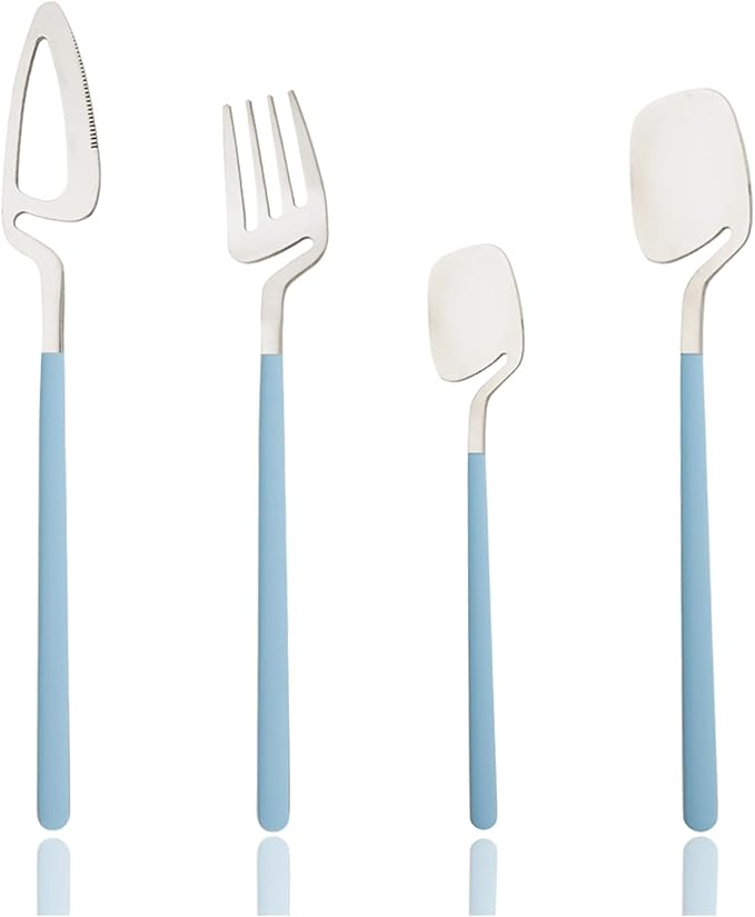 JASHII Hangable Silverware Set, Fresh Macaron Colors Flatware Cutlery Set Service for 2, Satin Finish 8 Piece Stainless Steel Utensils Set for Home and Restaurant, Dishwasher Safe(Blue Silver)