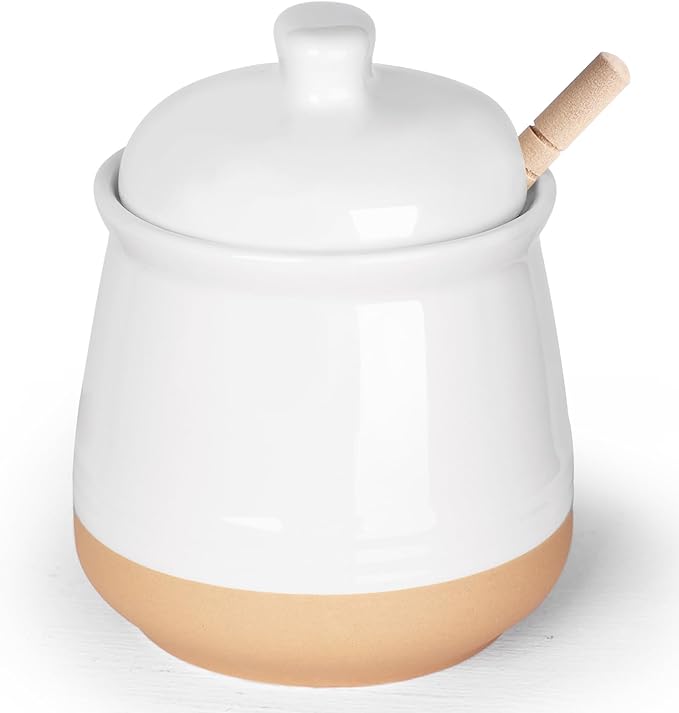 LEETOYI Honey jar with Lid and Wooden Dipper, 12 oz Ceramic Honey Container Dispenser for Home, Microwave & Dishwasher Safe, White