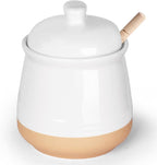 LEETOYI Honey jar with Lid and Wooden Dipper, 12 oz Ceramic Honey Container Dispenser for Home, Microwave & Dishwasher Safe, White
