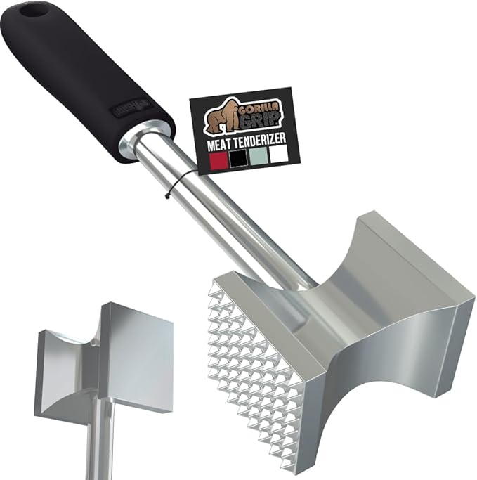 GORILLA GRIP Patented Dual-Sided Meat Tenderizer, Heavy Duty Kitchen Mallet with Soft Handle, Spiked Side Tenderizes and Smooth Flattens, Maximize Food Flavor, Commercial Grade Chicken Pounder, Black