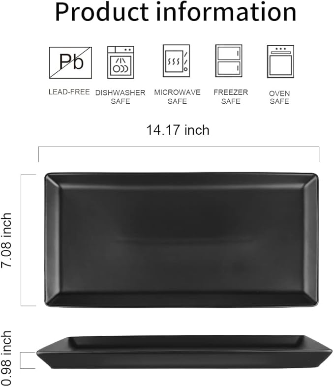 KOOV Ceramic Serving Tray, 14 Inches Large Serving Platter, Rectangular Serving Tray, Porcelain Serving Plates, Ceramic Serving Dishes for Dinner, Party, Sushi, Dessert, Food, Set of 4 (Matte Black)