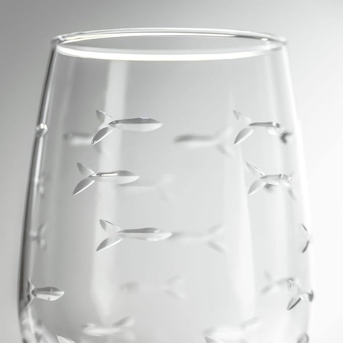 Rolf Glass School of Fish White Wine Glass | 12 ounce Stemmed Set of 4 | Lead-Free Glass | Diamond Wheel Engraved in America