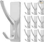 Self-Adhesive Coat Hooks for Hanging - Heavy Duty Stainless Double Wall Hook for Towel, Backpack, Hat, Sturdy Metal Hanger for Bathroom, Bedroom, Door, Wall Mounted, 10-Pack, Silver