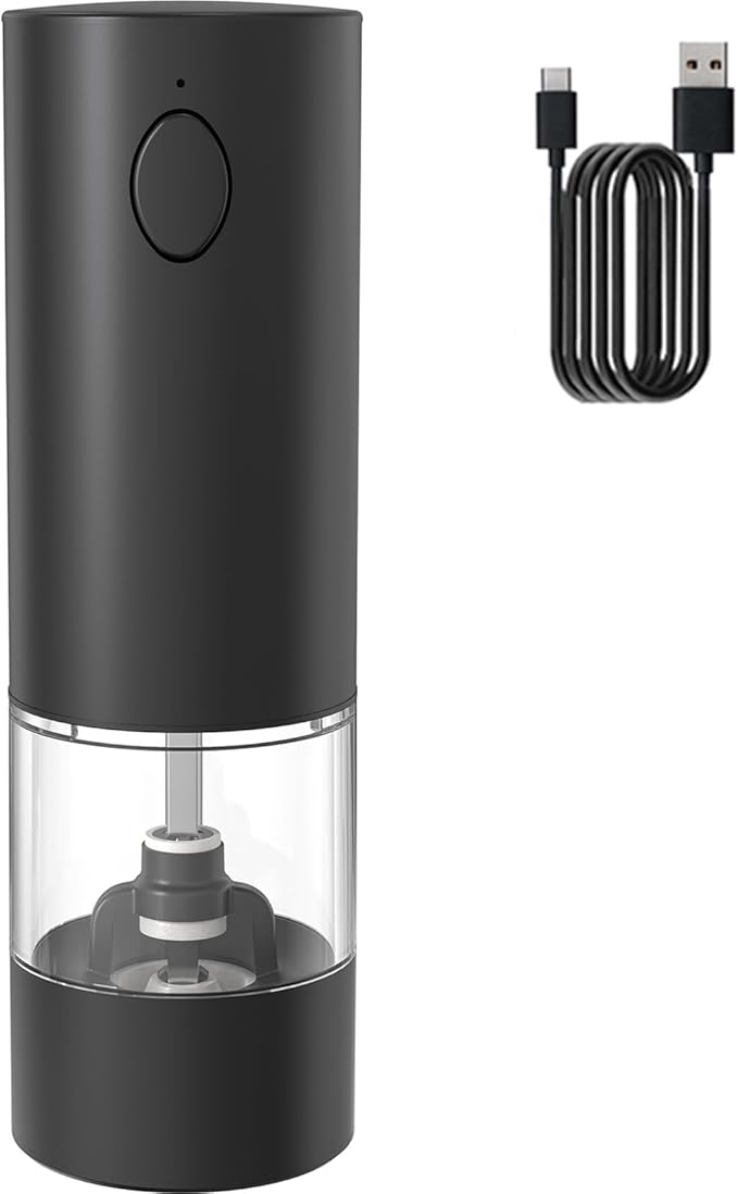 Electric Pepper Grinder, Rechargeable Automatic Pepper Mill Grinder with Led Light, One Hand Operation, One-Button Control, Adjustable Coarseness, Refillable 70ml, Black(1 Pack)