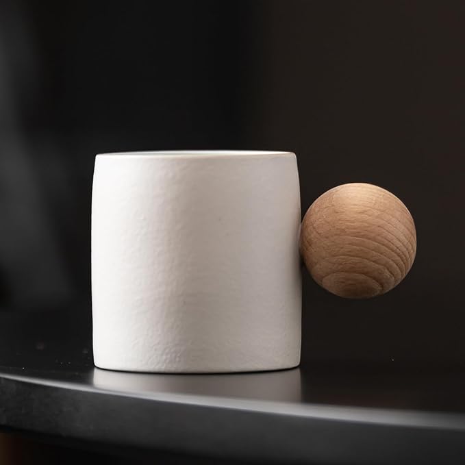 2-Oz Ceramic Espresso Cups with Wood Handle, 2/4-Piece Set for Coffee, Tea, Latte - Dishwasher Safe, Multi-Color & Wood Styles, Gift & Café Use (white, Round Handle2)