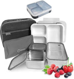 Stainless Steel Bento Lunch Box Set for Adults, Kids - Insulated Bag and Ice Pack - Leak-Proof Metal Compartment Meal Prep Food & Snack Containers for Work Travel School Daycare, 42 oz Grey Black