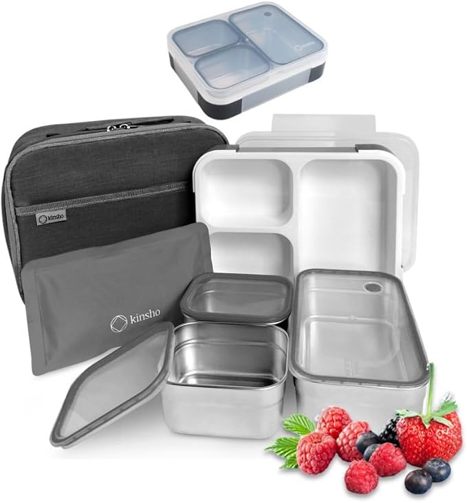 Stainless Steel Bento Lunch Box Set for Adults, Kids - Insulated Bag and Ice Pack - Leak-Proof Metal Compartment Meal Prep Food & Snack Containers for Work Travel School Daycare, 42 oz Grey Black