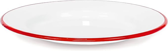 Red Co. Set of 4 Enamelware Metal Classic 10" Round Dinner Plate, Solid White/Red Rim