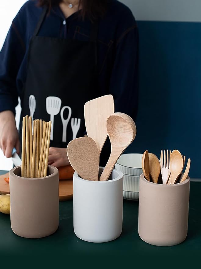 Selegna Instant Dry Utensil Holder for Kitchen Countertop, Diatomite Stone Utensil Caddy, Diatomaceous Earth Kitchen Utensil Organizer | Quick Drying Water Absorbing Pottery for Sink organization