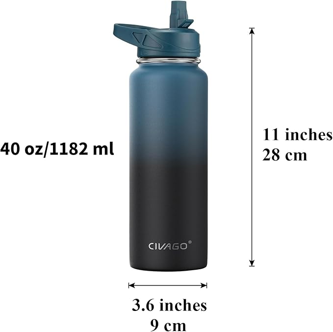 CIVAGO 40 oz Insulated Water Bottle With Straw, Stainless Steel Sports Water Cup Flask with 3 Lids (Straw, Spout and Handle Lid), Double Walled Travel Thermal Canteen Mug, Indigo Black