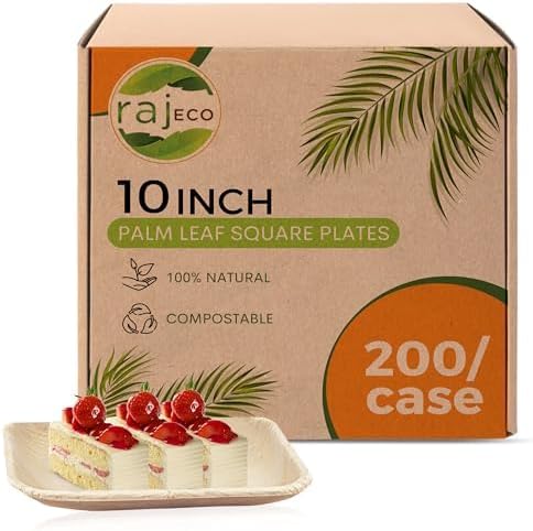 Raj Palm Leaf Plates Bulk [50-Pack] 10" Square Plates (4 CASES - 200 PACK) like Bamboo plates Disposable, Strong, Decorative Compostable Tableware for weddings, Lunch, Dinner, Birthday, Camping