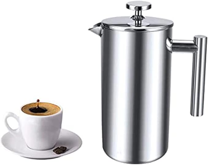 Insulated French Press Coffee Maker Stainless Steel Double-Wall Metal 3 Level Filtration System, Rust-Free Dishwasher Safe