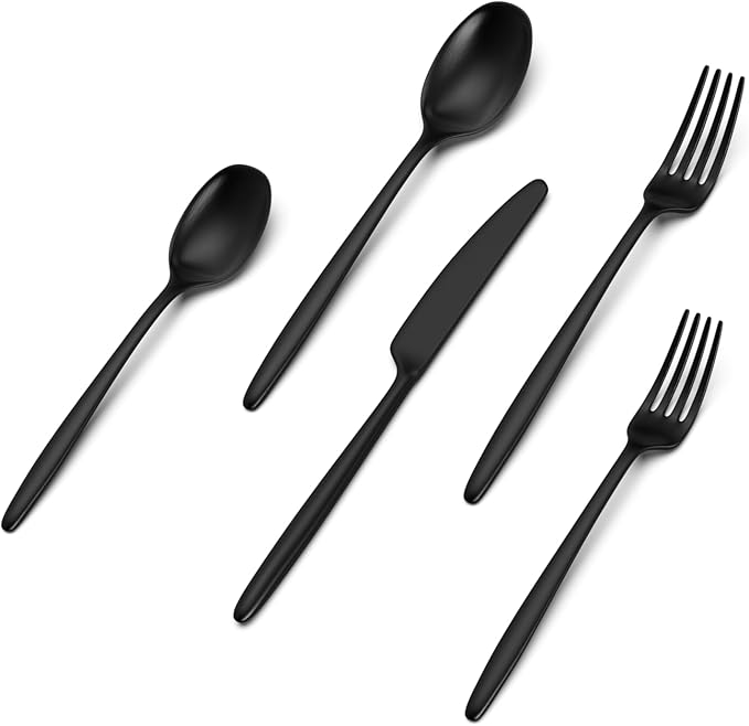 JazzUpCo Ava Flatware Flatware non toxic 18/10 stainless steel dishwasher safe (Matte Black, 12 Person Set (60 Pieces))