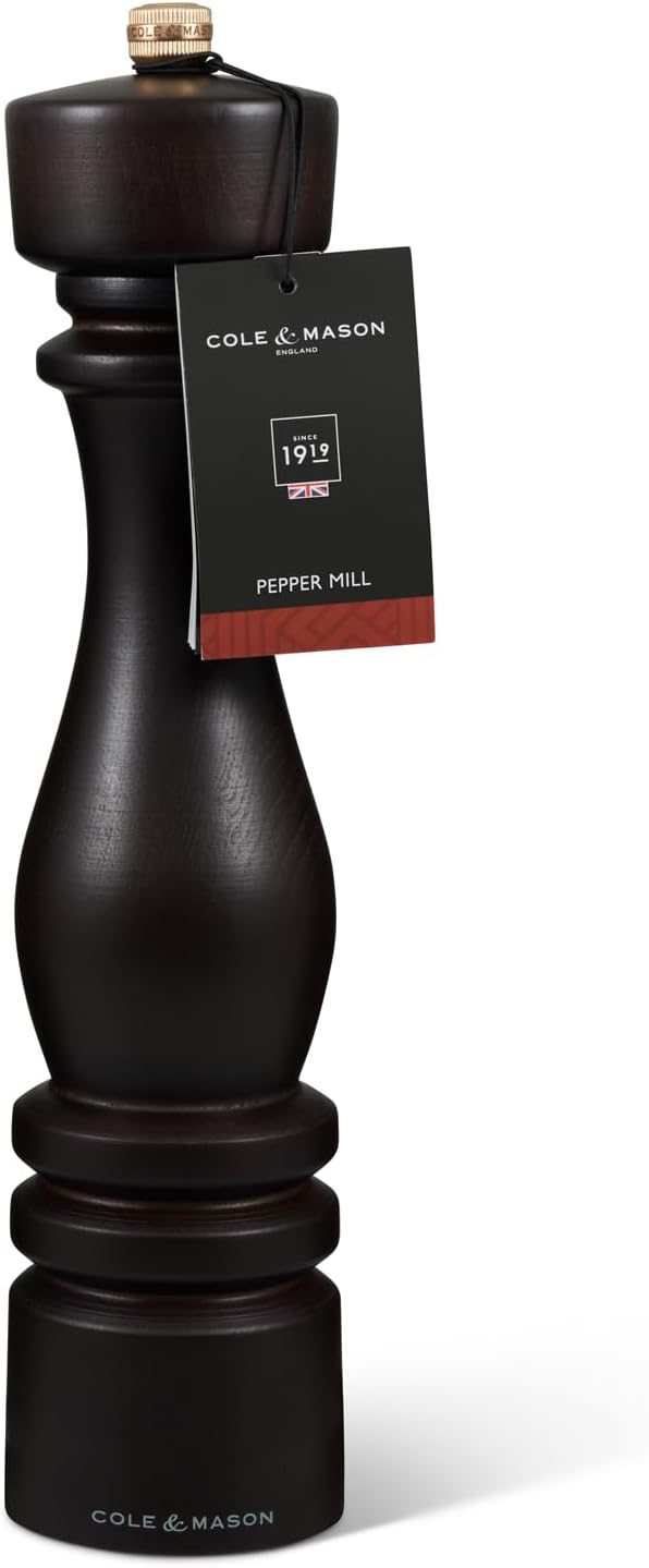 Cole & Mason London Refillable Spice Mill - Kitchen & Home Accessory - Table Black Pepper Grinder - Pepper Mill with Carbon Steel Mechanism - 11", Chocolate Wood