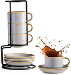 Gomakren 2.5 Ounce Espresso Cups Set of 4, Small Stackable Coffee Cups with Saucers and Metal Stand, Halloween Porcelain Demitasse Cups for Specialty Coffee Drinks, Espresso, Cappuccino, Latte, Gray