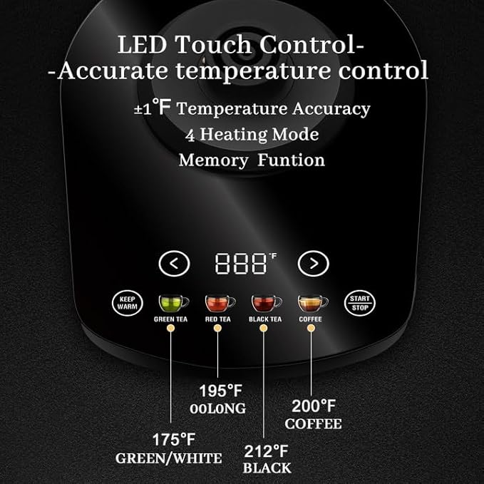 SEEDEEM Gooseneck Electric Kettle Full Touch Screen 1200W Electric Tea & Coffee Kettle with Four Heating Modes Rapid Heating,±1℉ Temperature Control，Keep Warm Mode,1L Electric kettle