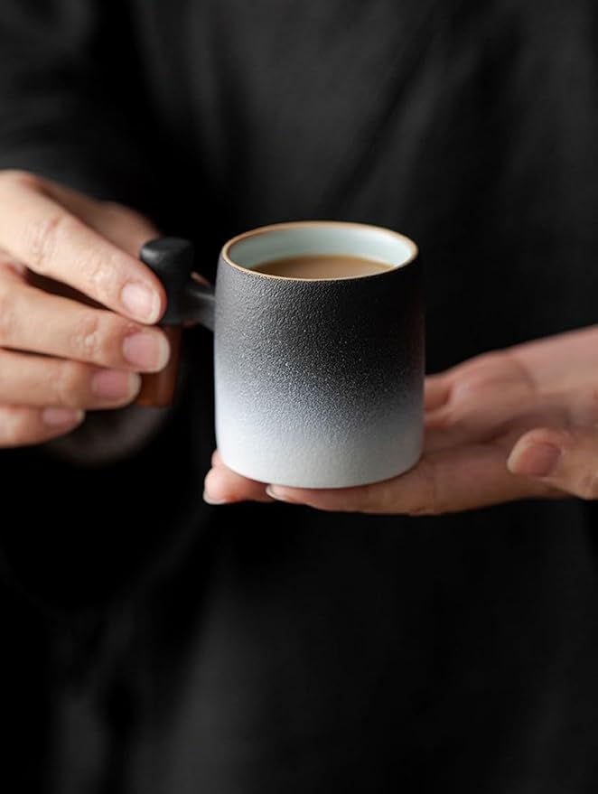 2-Oz Ceramic Espresso Cups with Wood Handle, 2/4-Piece Set for Coffee, Tea, Latte - Dishwasher Safe, Multi-Color & Wood Styles, Gift & Café Use (black white, Wooden Handle4)