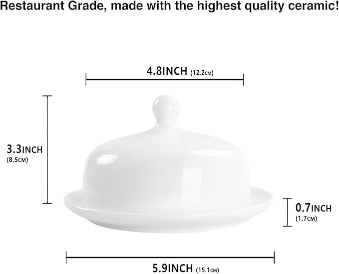 jingsongdafa Butter dish with lid, white porcelain dome cheese dish with handle, separate small butter tray, cute ceramic dessert serving bowl, suitable for dining table, countertop, refrigerator