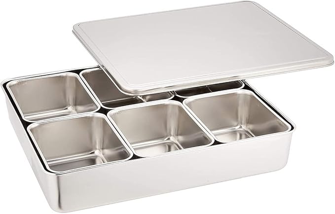 TIKUSAN Stainless Seasoning Container Yakumi Pan Spice Storage Box Tray with Lid Medium Size Made in Japan (6 Containers)