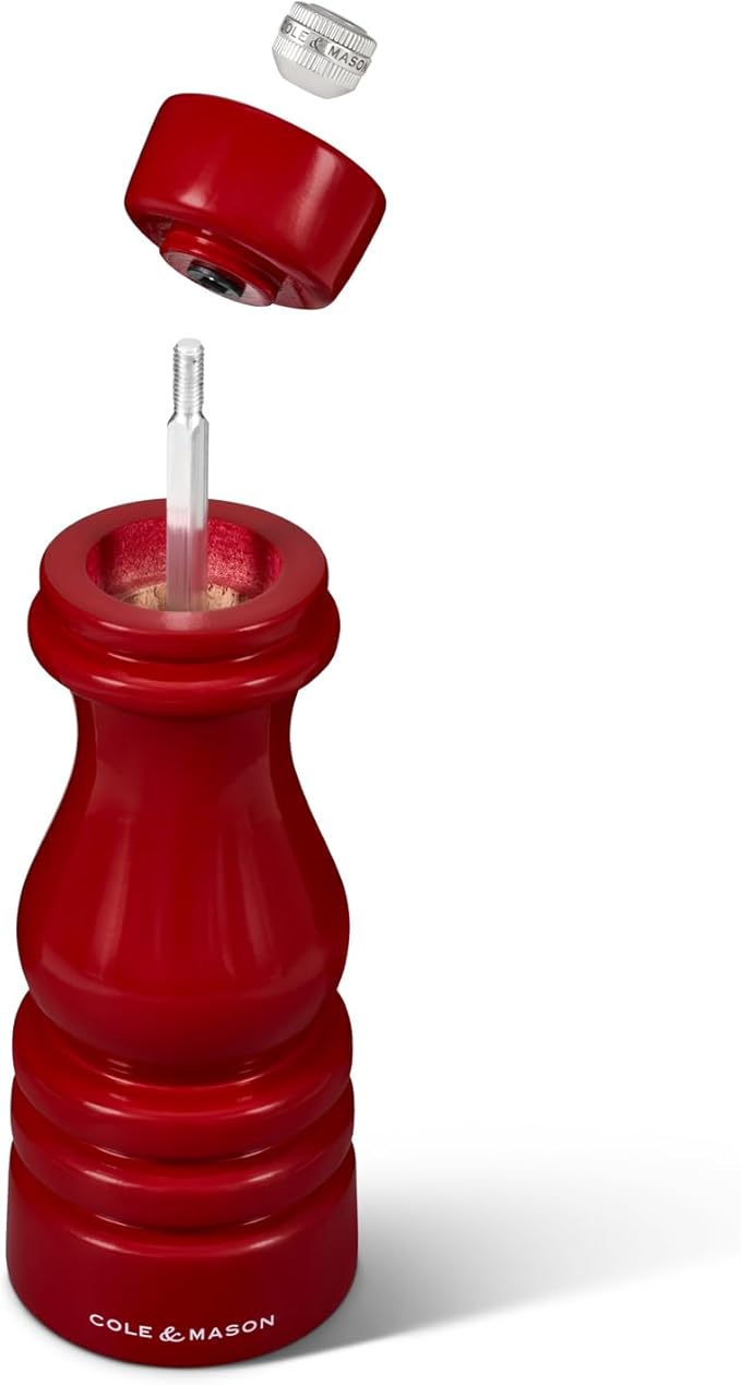 Cole & Mason London Refillable Spice Mill - Kitchen & Home Accessory - Table Black Pepper Grinder - Pepper Mill with Carbon Steel Mechanism - 7", Red Gloss