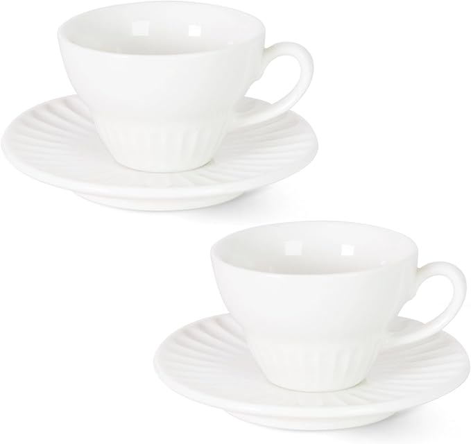 2 oz White Espresso Cups Set of 2, Ceramic Cappuccino Cups with Saucers, Durable Porcelain Tea Set & Modern Coffee Cup Collection, Coffee Lover Gifts