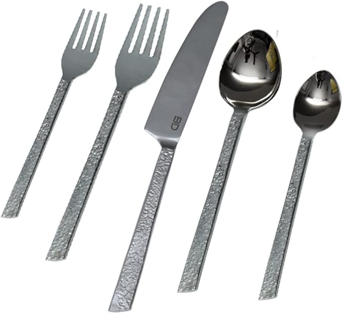 Bold & Divine Hammered Silver 5pcs Flatware Cutlery Set, Premium Stainless Steel Cutlery Set Service for 1 Include Knife/Fork/Spoon, Solid Stainless Steel Flatware