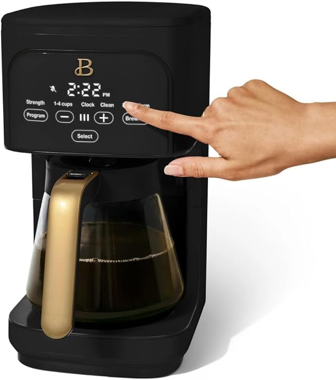 Beautiful 12-Cup Programmable Coffee Maker by Drew Barrymore, Touch-Activated Display, Auto Brew 24hr Timer, Regular/Gourmet/Bold Strength Options, Auto Clean & Keep Warm – Matte Finish (Black Sesame)