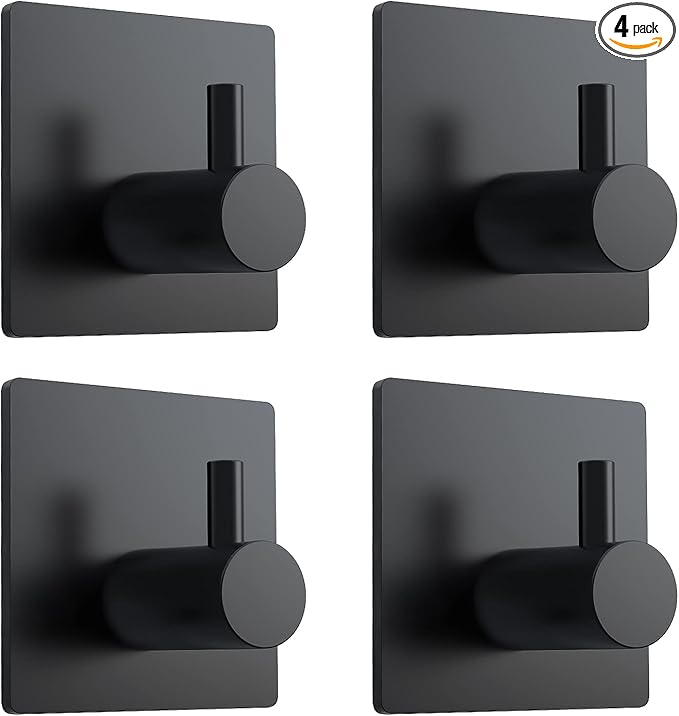 VIS'V Adhesive Towel Hooks, Waterproof Shower Wall Stick on Hooks, 2 Extra Adhesive Strips, Black, 4 Pcs