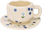 Koythin Ceramic Coffee Mug with Saucer Set, Cute Creative Blueberry Flower Cup Unique Irregular Design for Office and Home, 10 oz/300 ml for Latte Tea Milk