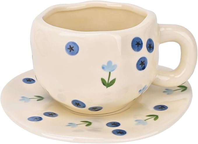 Koythin Ceramic Coffee Mug with Saucer Set, Cute Creative Blueberry Flower Cup Unique Irregular Design for Office and Home, 10 oz/300 ml for Latte Tea Milk