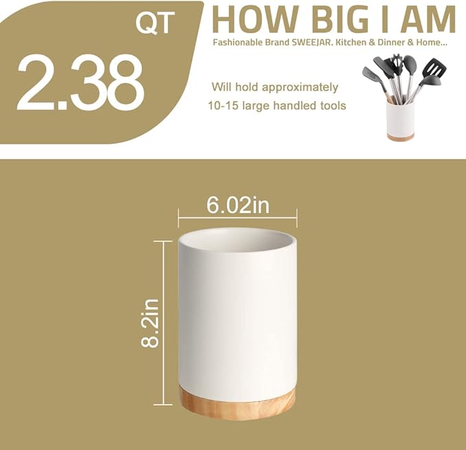 Sweejar Kitchen Utensil Holder with Wooden Bottom, 8.2" Ceramic Utensil Crock to Hold Spatulas for Cooking Countertop, Housewarming, Wedding, Birthday Gift (White)