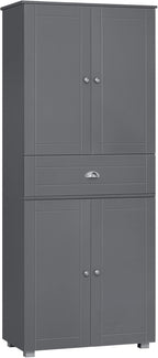 HOMCOM 72" Freestanding Kitchen Pantry Cabinet, Tall Storage Cabinet with 4 Doors, Drawer and Adjustable Shelves for Dining Room, Gray