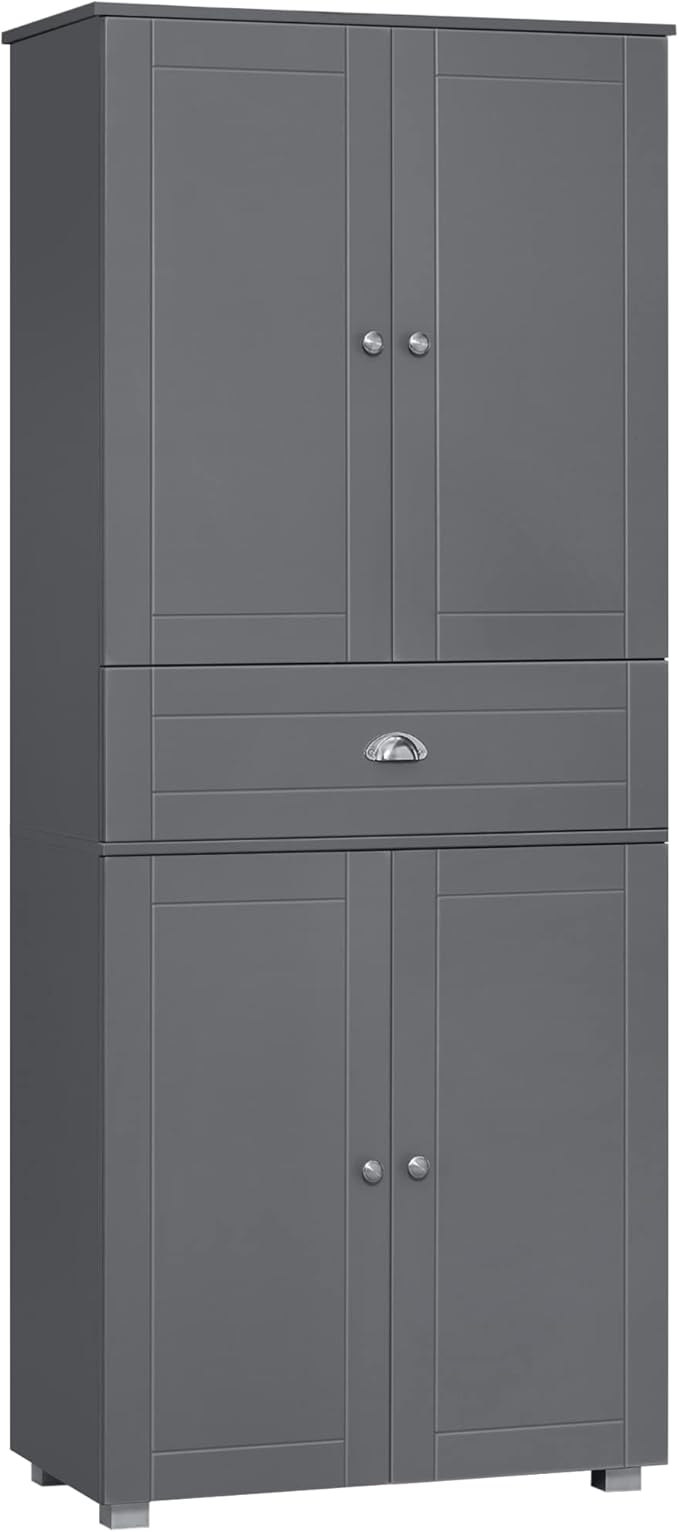 HOMCOM 72" Freestanding Kitchen Pantry Cabinet, Tall Storage Cabinet with 4 Doors, Drawer and Adjustable Shelves for Dining Room, Gray