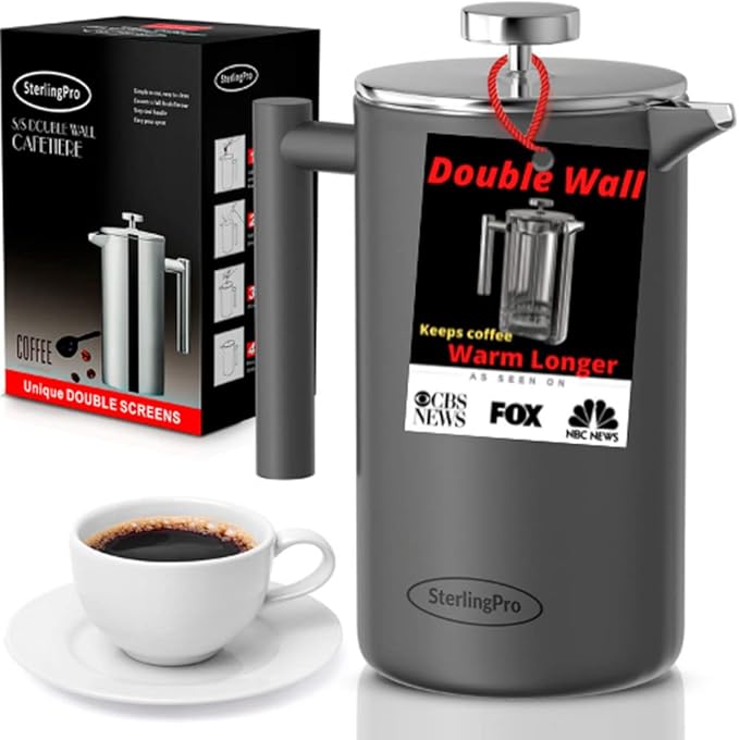 French Press Coffee Maker -Double Walled Large Coffee Press with 2 Extra Filters-Enjoy Granule-Free Coffee, Stylish Rust Free Kitchen Accessory-Stainless Steel (Grey, 2L)